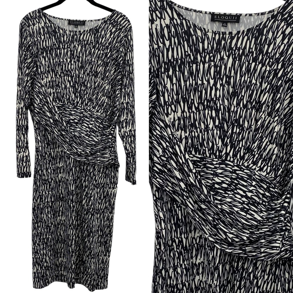 EUC | Eloquii Jersey Knit Dress Black White Abstract Print Long Sleeve | Size 14